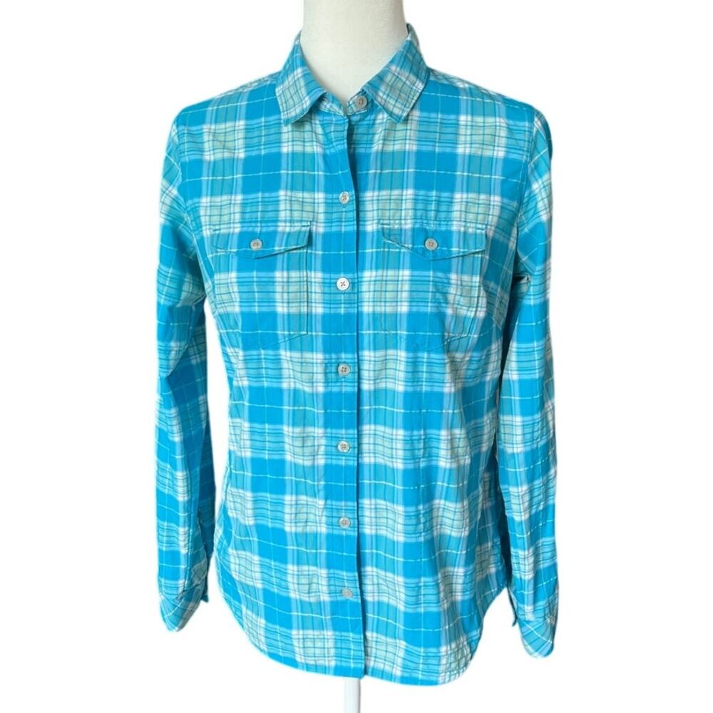 Eddie Bauer Blue Plaid Button Up Shirt Women's Size XS Fall Outdoor Performance